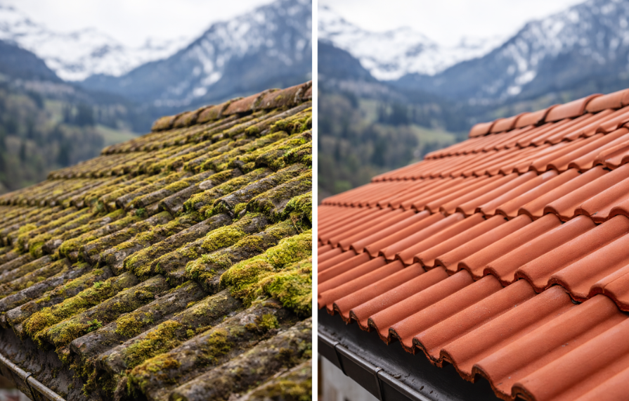 Toiture recouverte de mousse avant nettoyage comparée à une toiture propre après démoussage en Savoie et Haute-Savoie