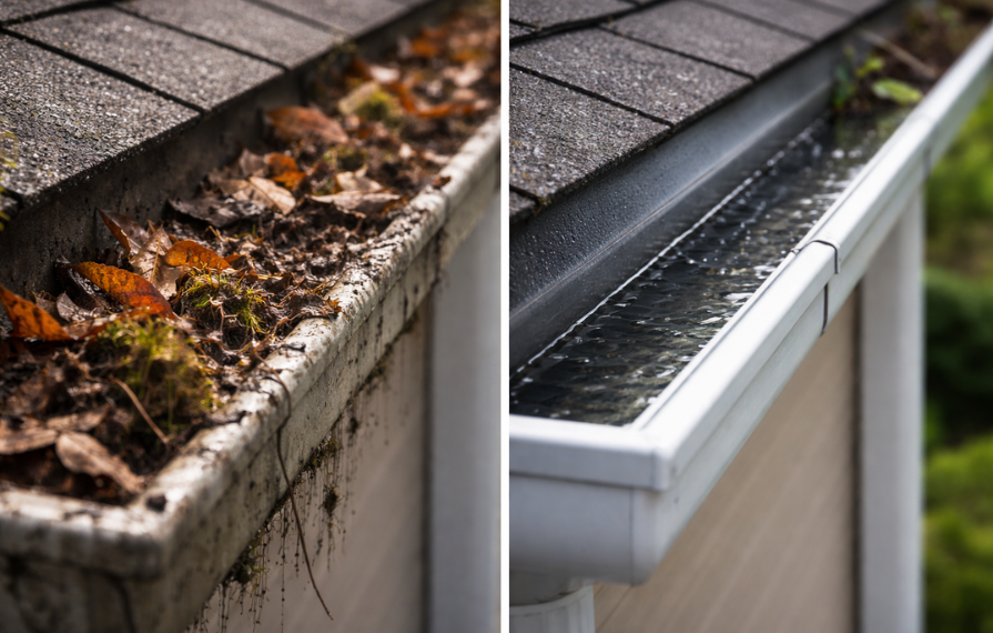 Gouttière obstruée par des feuilles et débris comparée à une gouttière propre et entretenue sur une maison en Savoie