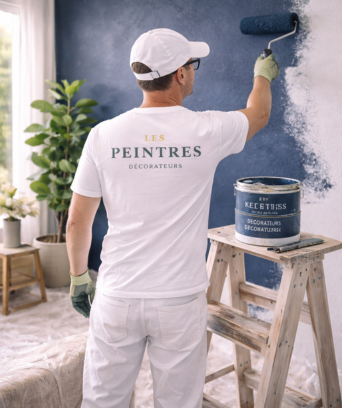 Application de peinture murale lors de travaux de décoration intérieure
