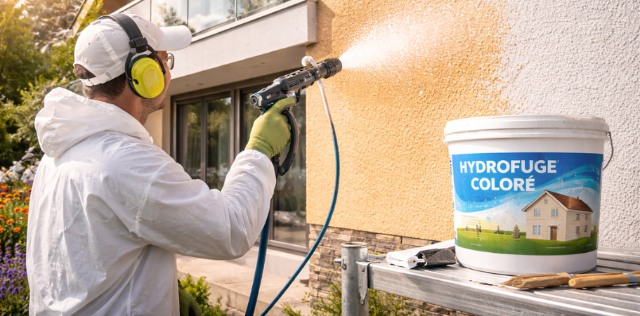 Application d’un hydrofuge coloré sur façade pour protéger et imperméabiliser les murs extérieurs