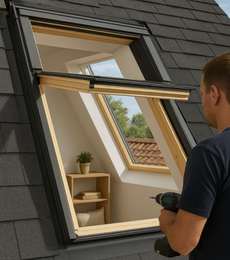 Ouverture d’une fenêtre de toit installée sur une toiture pour apporter lumière naturelle dans les combles