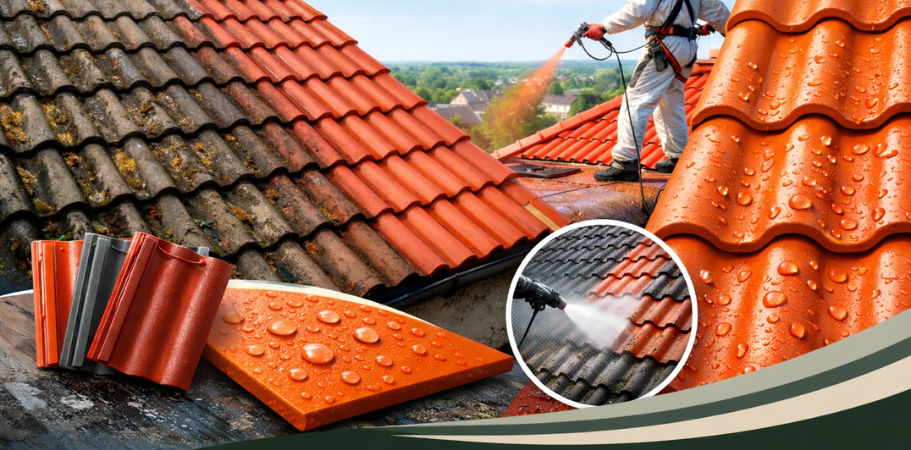 Application d’un hydrofuge coloré sur toiture en tuiles par Les Peintres Décorateurs des Savoies en Savoie, Haute-Savoie et Pays de Gex