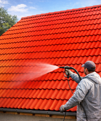 Application d’un hydrofuge coloré rouge sur toiture en tuiles pour rénover et protéger la toiture en Savoie et Haute-Savoie