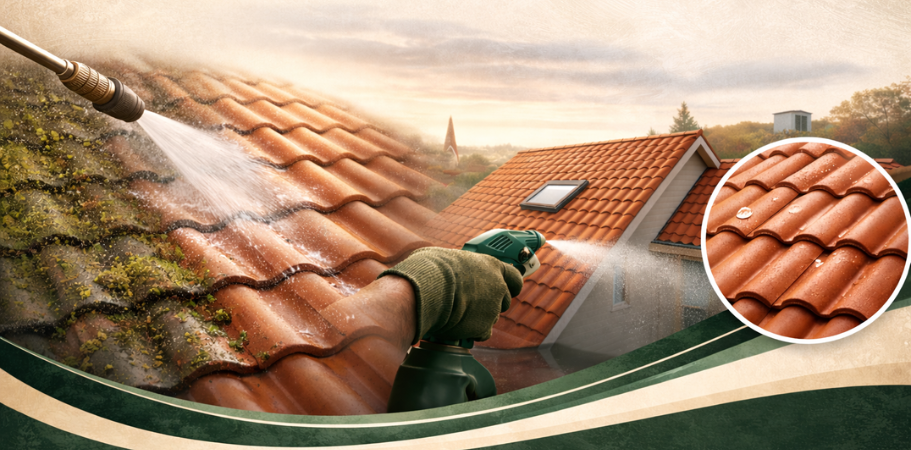 Traitement hydrofuge incolore appliqué sur une toiture en tuiles pour protéger contre l’humidité – Les Peintres Décorateurs des Savoies (Savoie, Haute-Savoie, Pays de Gex)