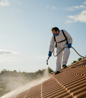 Pulvérisation d’un hydrofuge incolore sur toiture en tuiles pour imperméabiliser et protéger la toiture en Savoie et Haute-Savoie