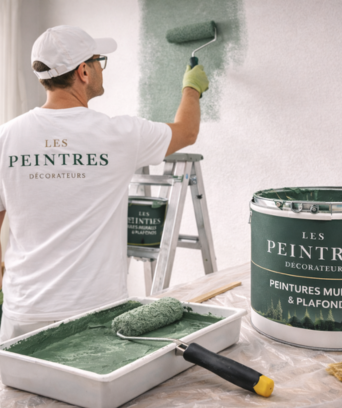 Application de peinture murale au rouleau lors de travaux de rénovation intérieure