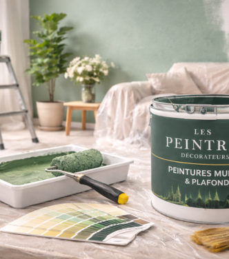 Matériel de peinture avec pot, rouleau et nuancier pour travaux de décoration intérieure